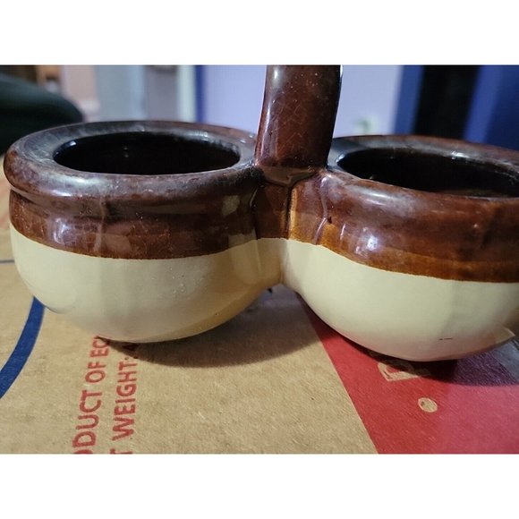 2 Tone Brown Beige Pottery Double Condiment Dish Vintage 6x3in Grannycore - Picture 2 of 8